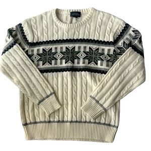 Vintage Mervin’s Men’s Crewneck Cable Knit Geometric Shape Cream Blue  Sweater L